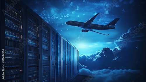 digital air flight background with airplane flying over dark blue digital clouds and computer server rack in data center
