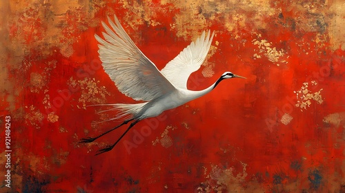 Fototapeta Naklejka Na Ścianę i Meble -  Auspicious Crane in Ancient Style: A crane depicted in traditional painting style with intricate patterns, symbolizing longevity and tranquility