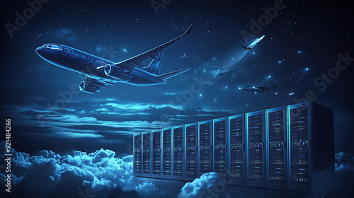 digital air flight background with airplane flying over dark blue digital clouds and computer server rack in data center
