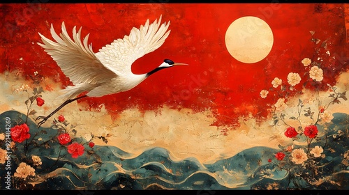 Auspicious Crane in Ancient Style: A crane depicted in traditional painting style with intricate patterns, symbolizing longevity and tranquility