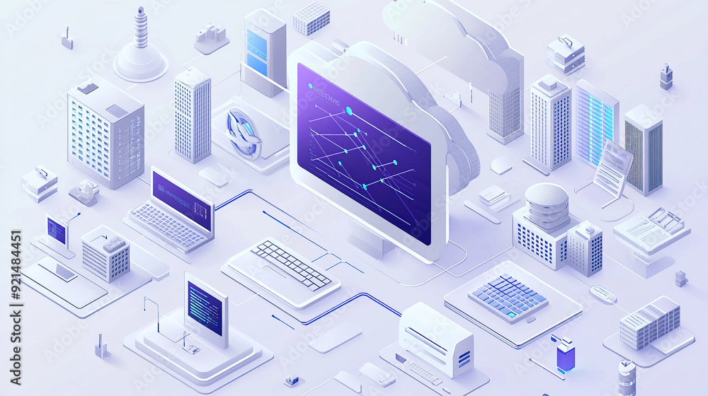 Fototapeta premium isometric illustration of cloud computing with computers and buildings