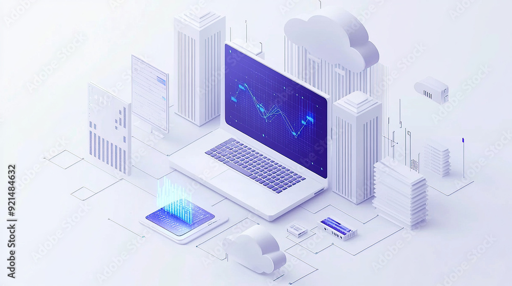 isometric illustration of cloud computing with computers and buildings isometric illustration of cloud computing with computers and buildings