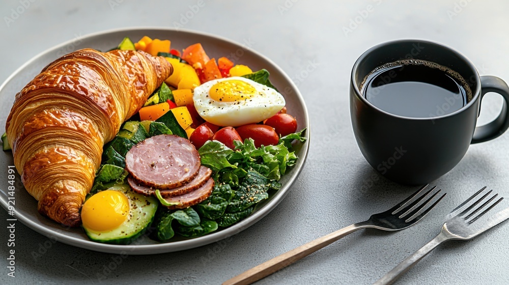 High angle view of a gourmet brunch setup featuring a golden croissant, a selection of fresh salad and vegetables, fluffy eggs, and ham slices, accompanied by a coffee mug. The photo is taken in High angle view of a gourmet brunch setup featuring a golden croissant, a selection of fresh salad and vegetables, fluffy eggs, and ham slices, accompanied by a coffee mug. The photo is taken in