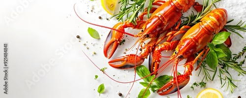 Two Cooked Lobsters with Herbs and Lemon on White Background photo