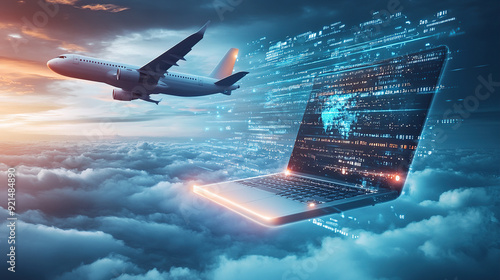 3D rendering of an airplane flying over a laptop with a digital data and cloud technology background concept
