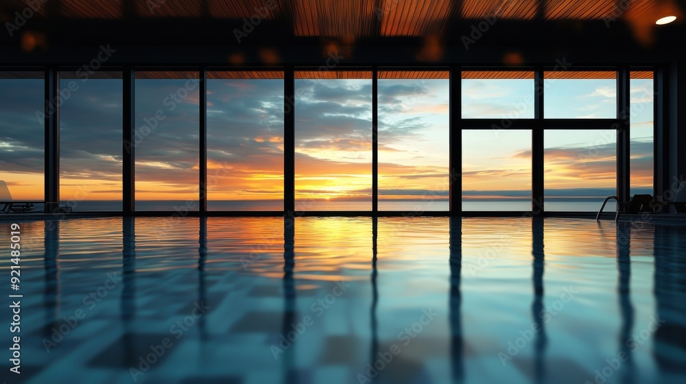 Fototapeta premium Ultra realistic indoor swimming pool with large windows overlooking a serene sea at sunset, with warm orange and cool blue tones reflecting off the water. The pool area features modern, stylish