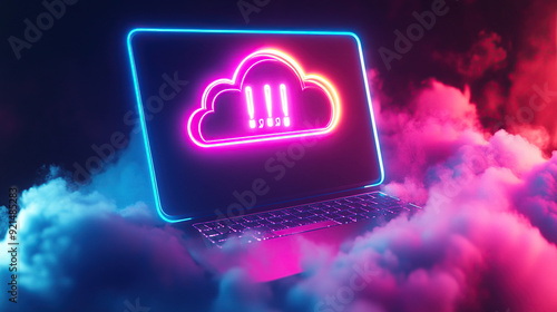 Laptop with neon cloud computing ICONS on the screen