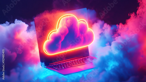Laptop with neon cloud computing ICONS on the screen
