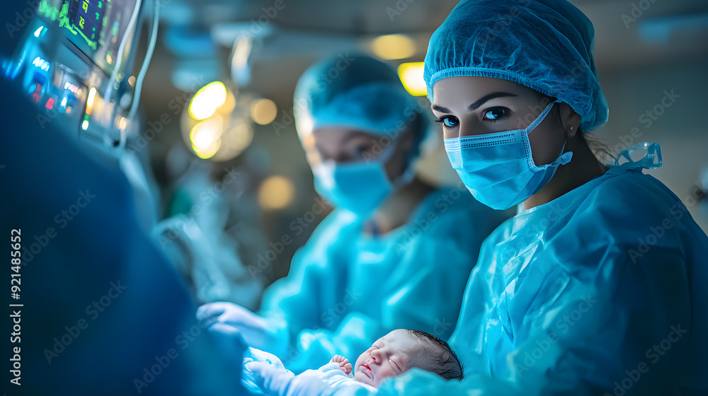 A woman in a blue surgical outfit is holding a baby A woman in a blue surgical outfit is holding a baby