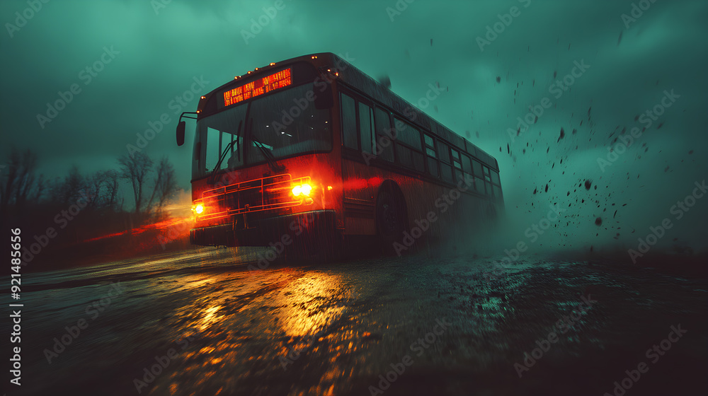 A bus is driving down a wet road with a red sign on the front that says A bus is driving down a wet road with a red sign on the front that says