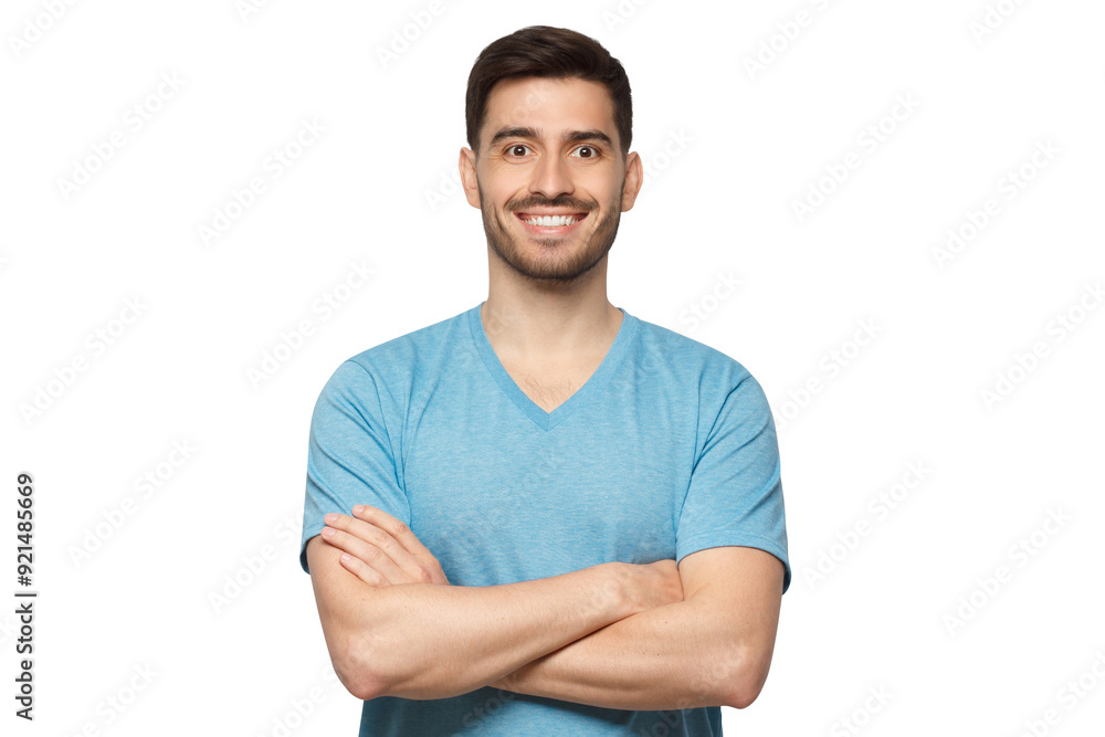 Young happy handsome confident man wearing blue casual t-shirt, standing in front of camera with crossed arms Young happy handsome confident man wearing blue casual t-shirt, standing in front of camera with crossed arms
