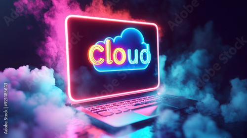 Laptop with neon cloud computing ICONS on the screen