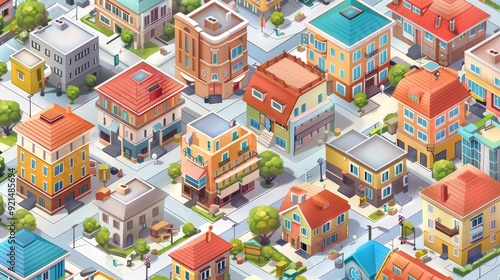 An isometric residential area with houses, apartments, and communal spaces, showcasing the diverse living arrangements in the city.