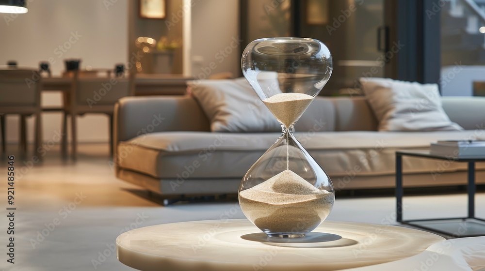 An oversized sand clock, serving as a striking statement piece in a living room or office, with a mesmerizing flow of sand. An oversized sand clock, serving as a striking statement piece in a living room or office, with a mesmerizing flow of sand.