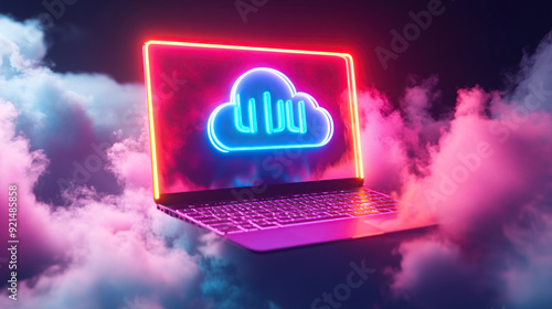 Laptop with neon cloud computing ICONS on the screen