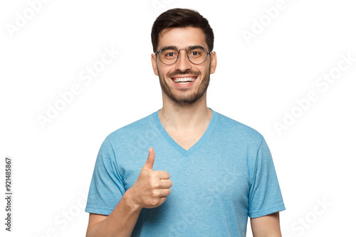 Young man in blue t-shirt showing thumb up photo