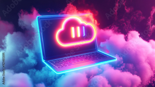 Laptop with neon cloud computing ICONS on the screen