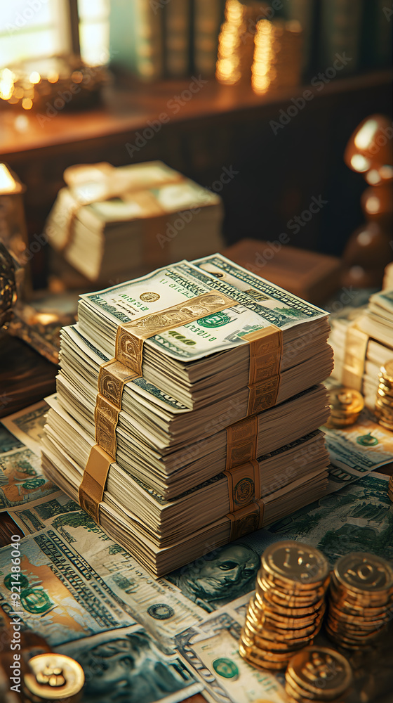 A stack of money and gold coins on a table A stack of money and gold coins on a table