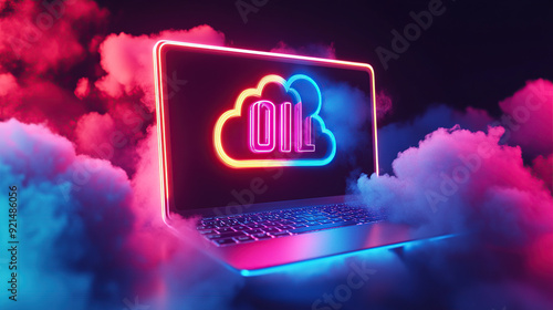 Laptop with neon cloud computing ICONS on the screen
