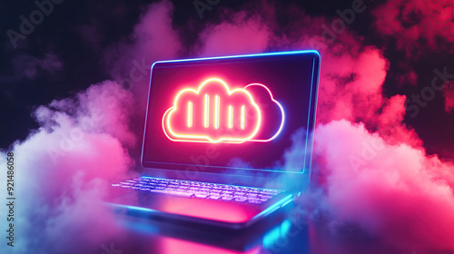 Laptop with neon cloud computing ICONS on the screen