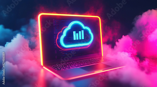 Laptop with neon cloud computing ICONS on the screen