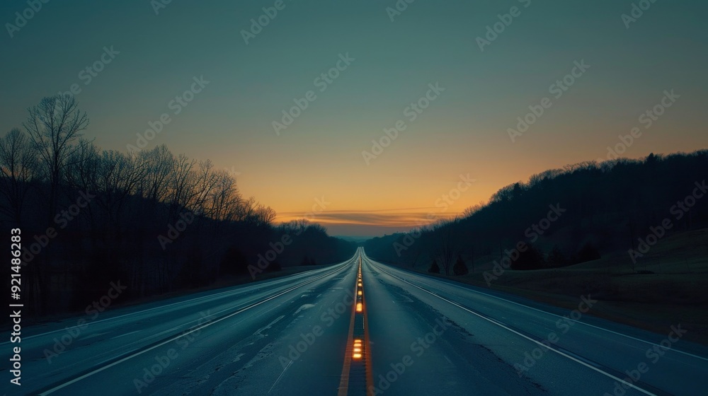 Fototapeta premium Capture a deserted highway at sunrise, with the sky glowing in soft hues and the road leading into the unknown.