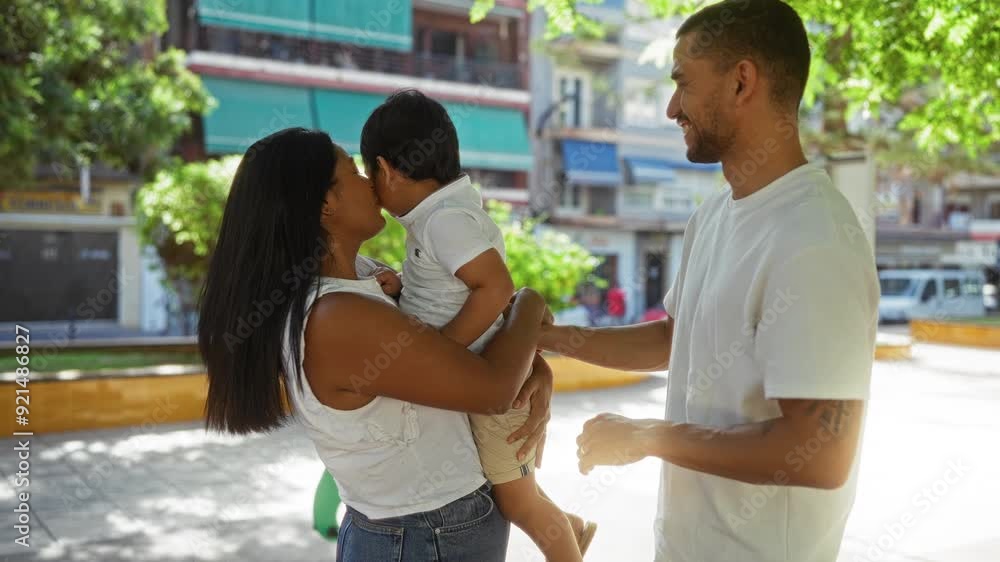 Happy family enjoying a sunny day in an urban park, with a woman holding a child and a man smiling at them Happy family enjoying a sunny day in an urban park, with a woman holding a child and a man smiling at them