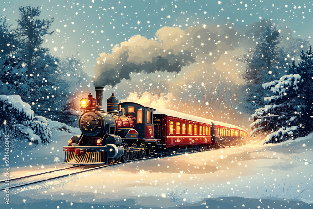 Illustration of a Christmas train set traveling through a snowy landscape. Illustration of a Christmas train set traveling through a snowy landscape.