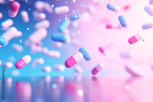 Stream of colorful pills cascading on a luminous pink background a metaphor for abundant healthcare options