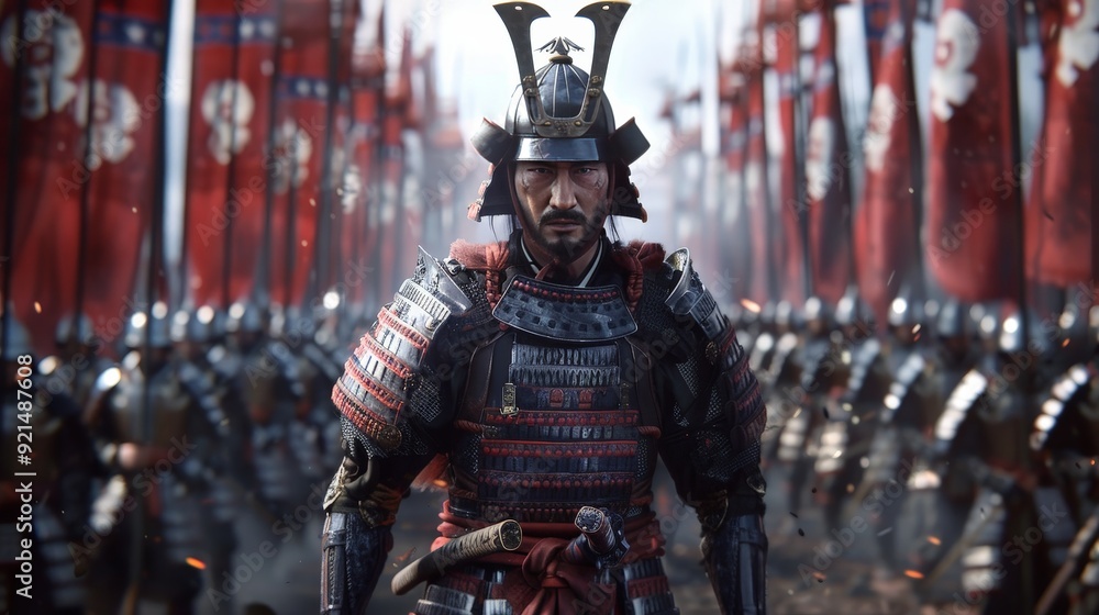 Create a 3D model of a samurai leading an army, with banners and soldiers behind him, showcasing his leadership and strategic prowess. Create a 3D model of a samurai leading an army, with banners and soldiers behind him, showcasing his leadership and strategic prowess.
