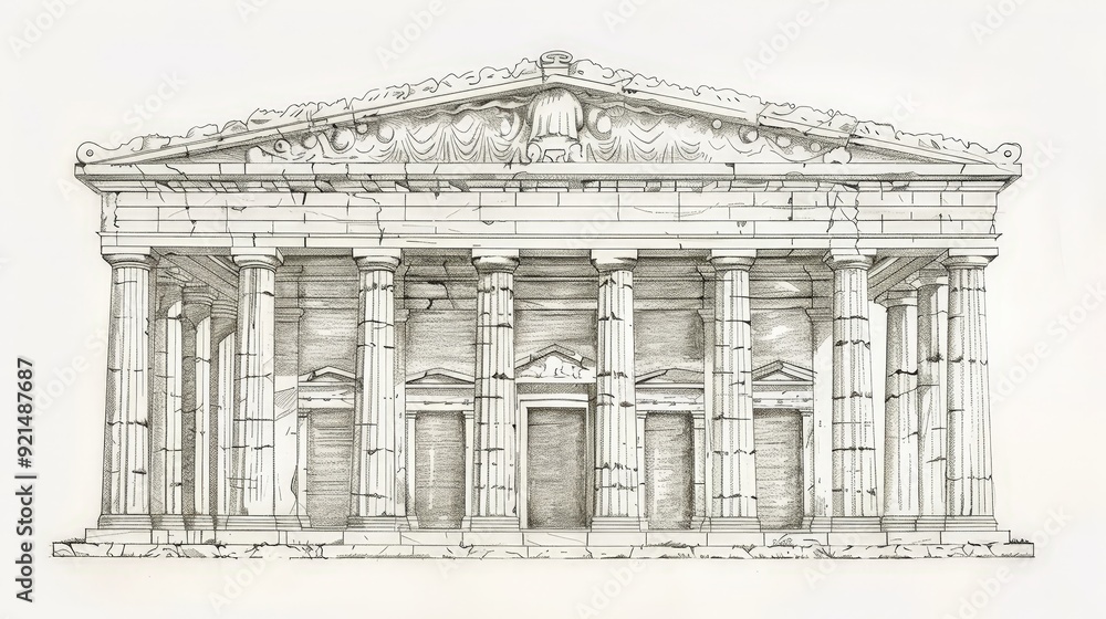 Create a detailed sketch of a classical Greek temple, focusing on its columns, pediment, and intricate friezes. Create a detailed sketch of a classical Greek temple, focusing on its columns, pediment, and intricate friezes.
