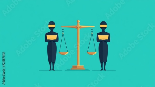 Illustration of two blindfolded figures holding documents with a scale symbolizing justice and equality on a turquoise background.