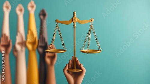 Symbolic representation of justice with scales and diverse hands, emphasizing equality and fairness in a vibrant setting.