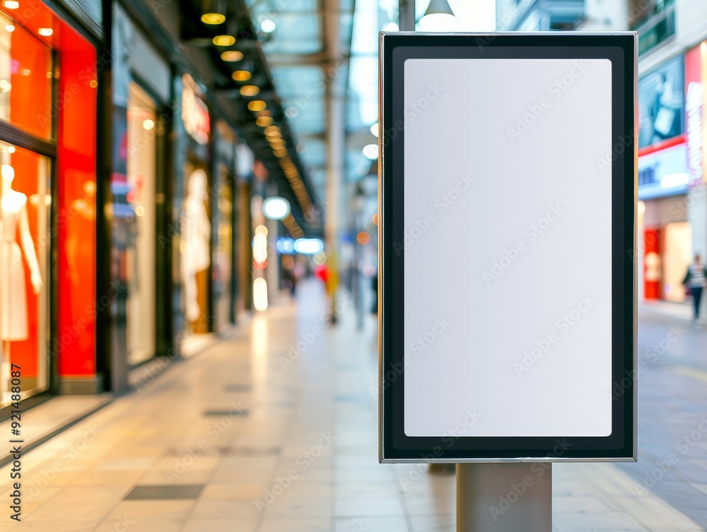 A blank advertising panel in a vibrant shopping mall, perfect for showcasing promotions with a modern feel. A blank advertising panel in a vibrant shopping mall, perfect for showcasing promotions with a modern feel.