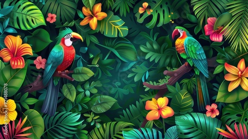 Two striking tropical birds sit among bright flowers and lush leaves in a vibrant rainforest environment