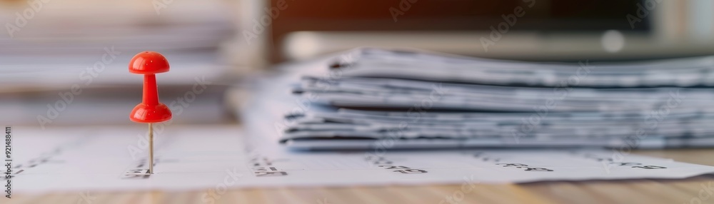 A close-up of a red pushpin on a document, with stacked papers blurred in the background, representing organization and reminders.