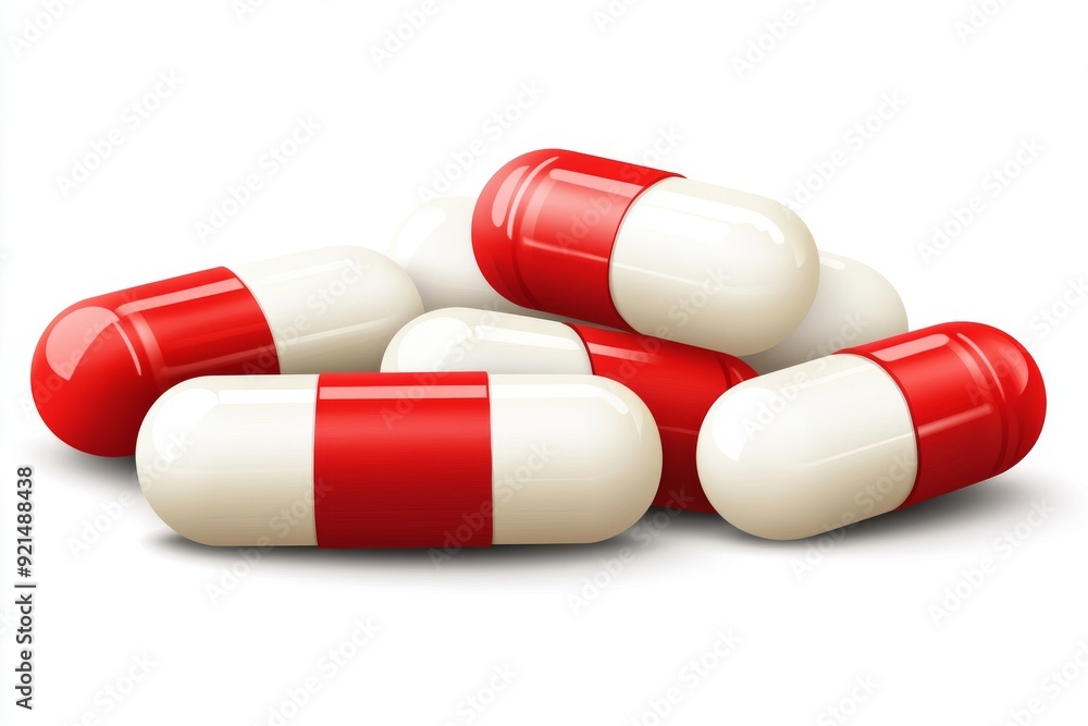 Minimalist setup of red and white capsules emphasizing simplicity and effectiveness in medication design Minimalist setup of red and white capsules emphasizing simplicity and effectiveness in medication design