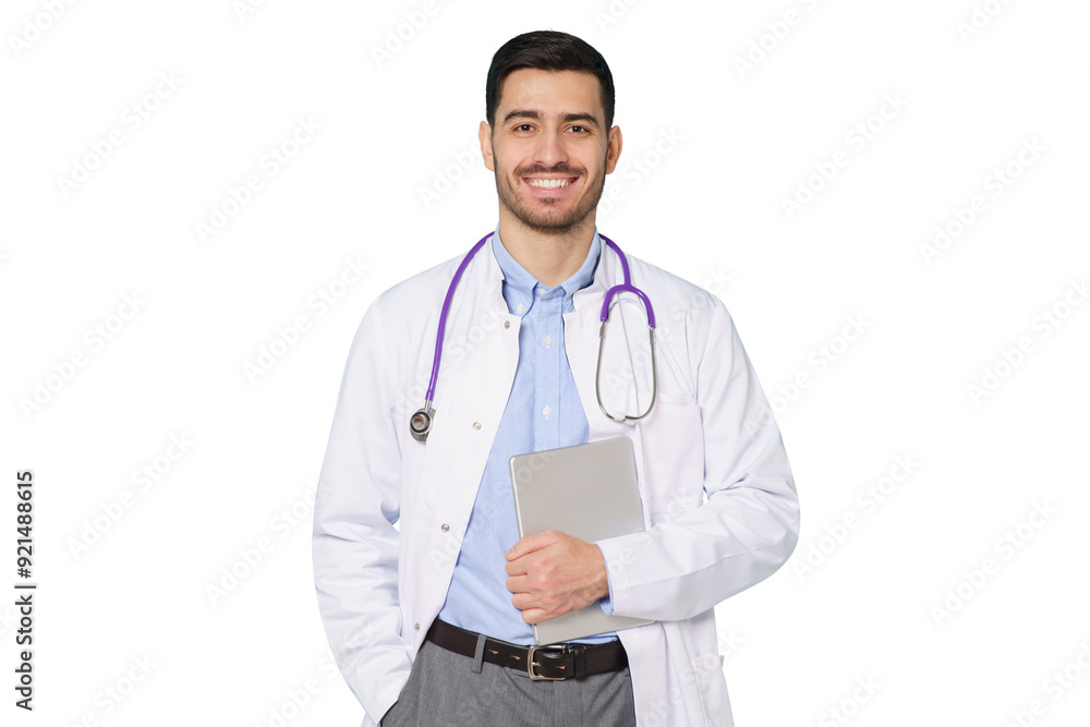 Medic in white robe, looking straight at camera with positive smile, holding tablet computer next to chest while working in hospital Medic in white robe, looking straight at camera with positive smile, holding tablet computer next to chest while working in hospital