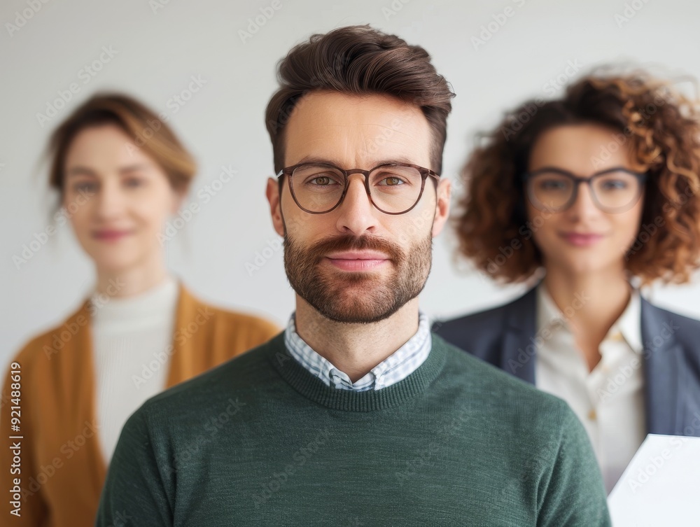 A confident man in glasses stands in front of two smiling colleagues, representing teamwork and professional collaboration. A confident man in glasses stands in front of two smiling colleagues, representing teamwork and professional collaboration.