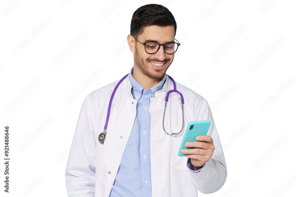 Young handsome doctor wearing white coat and glasses smiling while looking at screen of smartphone, using medical app Young handsome doctor wearing white coat and glasses smiling while looking at screen of smartphone, using medical app