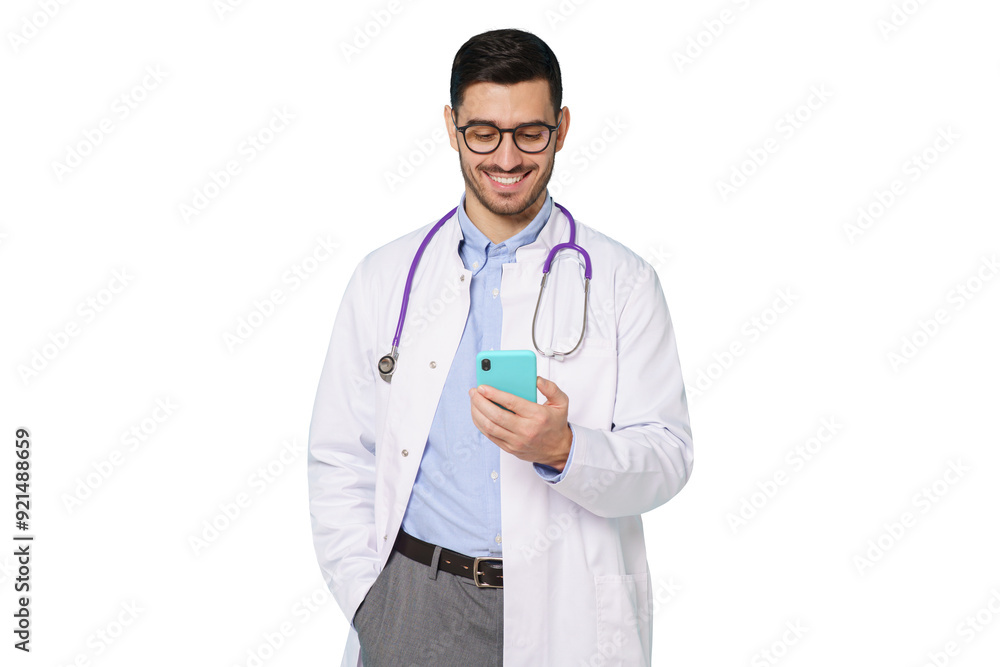 Cheerful young doctor in white coat smiling while looking at screen of his phone, using medical app Cheerful young doctor in white coat smiling while looking at screen of his phone, using medical app