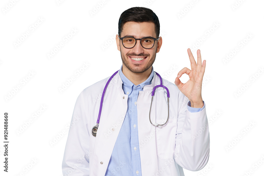 Young medical man in glasses and white robe, smiling happily at camera and showing okay getsture, as if proving good state of health Young medical man in glasses and white robe, smiling happily at camera and showing okay getsture, as if proving good state of health