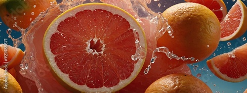 Explosion of Fresh Grapefruit Juice with Flying Wedges and Pulp in Cinematic Advertisement photo