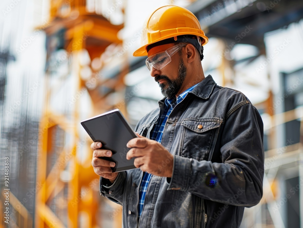 A construction worker using a tablet on site, showcasing modern technology in the building industry. A construction worker using a tablet on site, showcasing modern technology in the building industry.