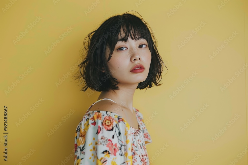 Japanese Woman with Floral Dress Against Yellow Backdrop. Generative AI. Japanese Woman with Floral Dress Against Yellow Backdrop. Generative AI.
