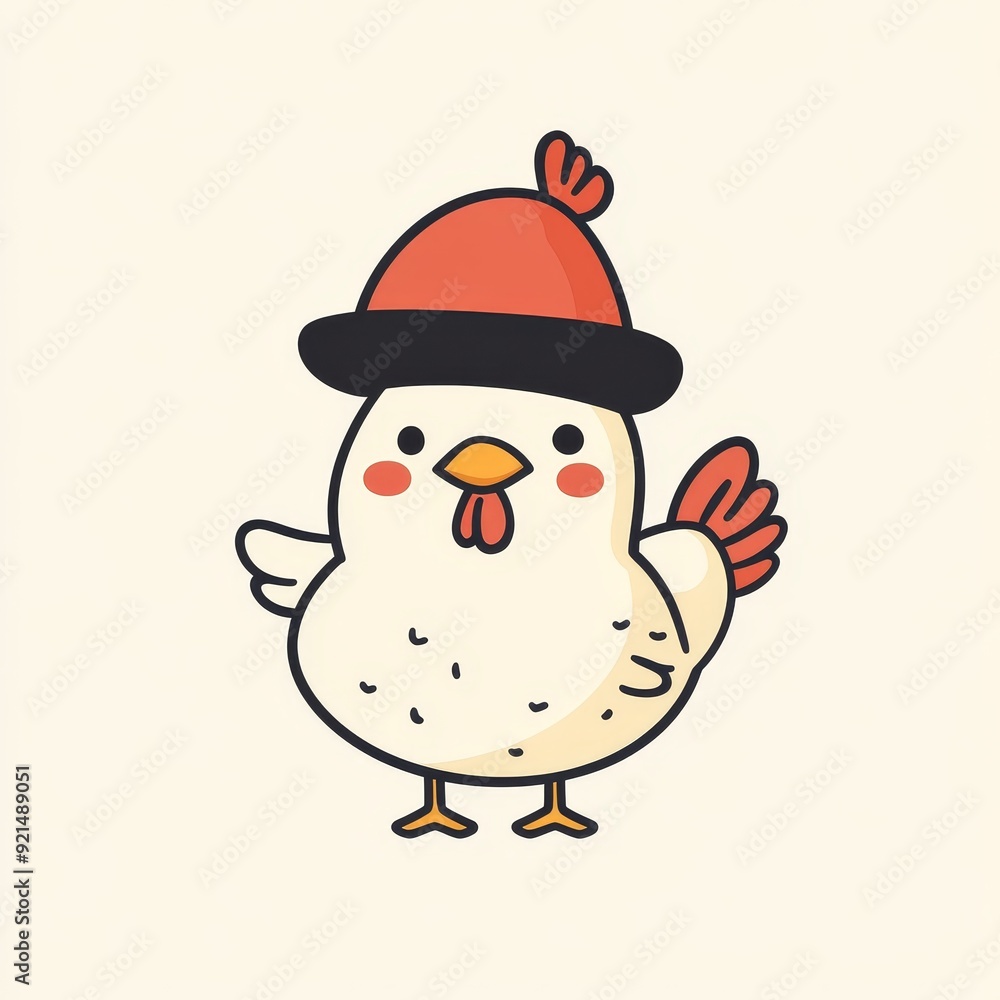 A cute cartoon chicken wearing a red hat, perfect for children's illustrations or farm-themed designs. A cute cartoon chicken wearing a red hat, perfect for children's illustrations or farm-themed designs.