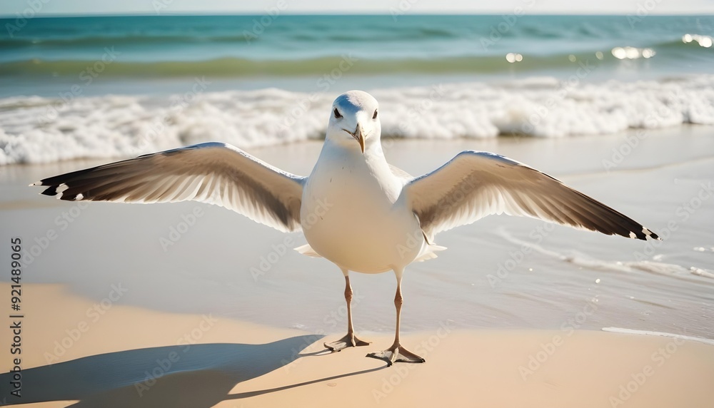 A small seagull standing alone on a serene beach, golden sand glistening under the sun, with gentle blue waves lapping in the background. A small seagull standing alone on a serene beach, golden sand glistening under the sun, with gentle blue waves lapping in the background.