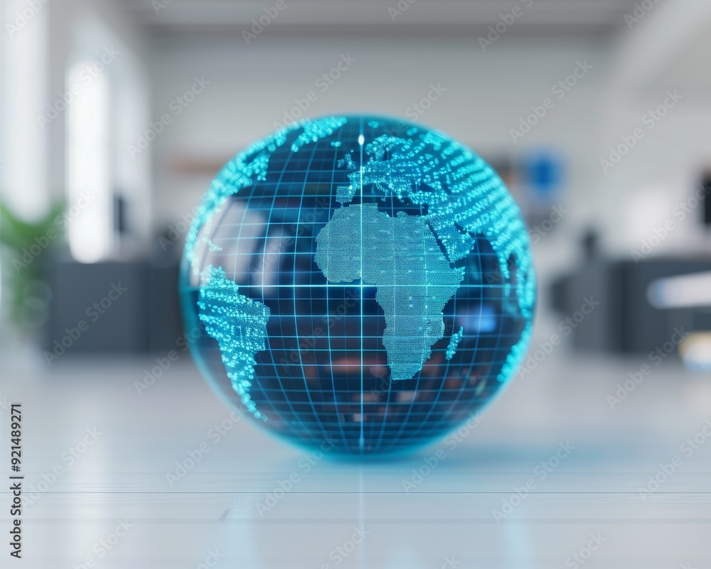 A digital globe showcasing a modern design, highlighting continents with a blue color scheme, set in a professional office environment. A digital globe showcasing a modern design, highlighting continents with a blue color scheme, set in a professional office environment.