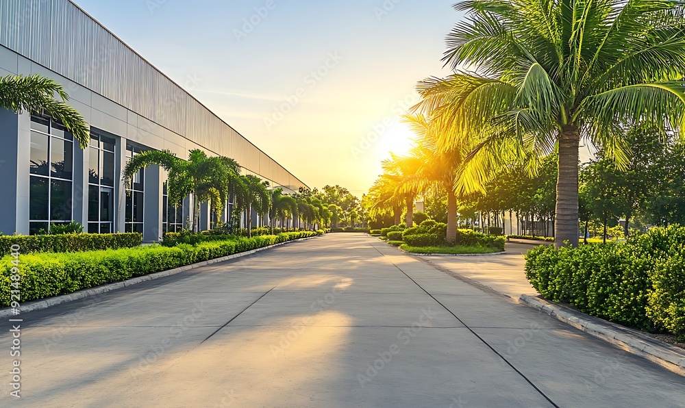 Naklejka premium Modern Building with Palm Trees and a Sunny Pathway
