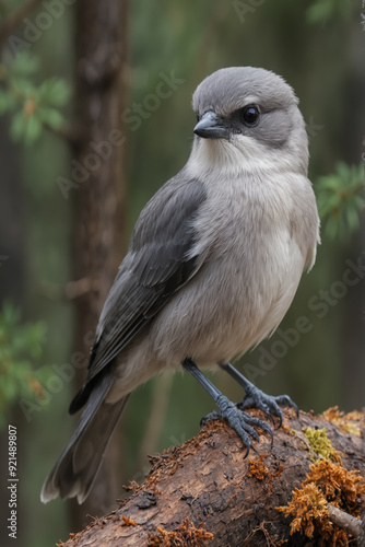Gray Jay Perched on Mossy Log in Forest
